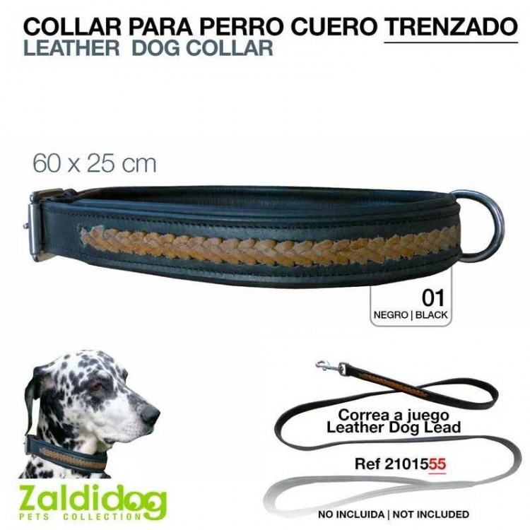 PERRO COLLAR CUERO TRENZADO 60cm X 25mm NEGRO